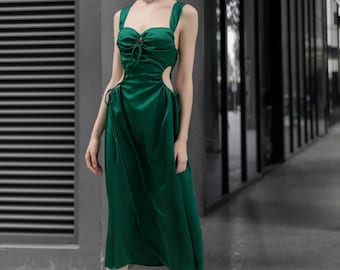 Vestido midi de seda verde esmeralda: vestido de satén con cordón ajustable