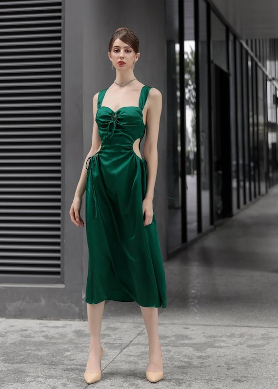 Emerald Green Silk Midi Dress: Adjustable Drawstring Satin Gown - Etsy UK