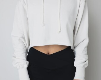 White Cropped Hoodie: Cotton-Blend Raw Hem Loungewear