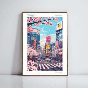 Tokyo Reiseplakat - Shibuya Crossing Wandkunst - Kirschblüten Paradies - Lebendiges Japan Stadtbild Dekor - Japanischer Urban Druck