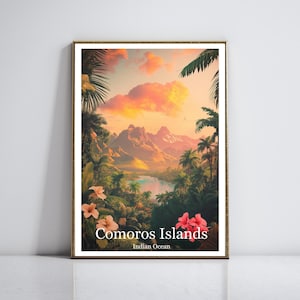 Komoren Reiseplakat - Exotischer Sonnenuntergang Wandkunst, Tropische Landschaft, Vintage Küstendekor, Indischer Ozean Reiseästhetik