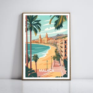 Póster vintage de Málaga, España: Impresión retro de pared, ilustración vectorial plana de Málaga, arquitectura histórica y escena de playa, decoración en tonos pastel.