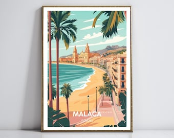 Malaga Spain Vintage Travel Poster – Retro Wall Print, Flat Vector Illustration of Malaga, Historic Architecture & Beach Scene, Pastel Decor