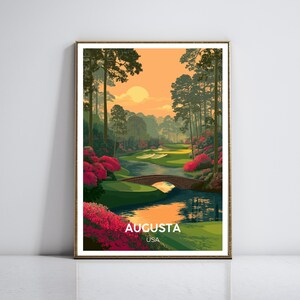 Elegantes Augusta National Golf Club Reiseposter - Hogan Brücke, makellose Fairways, lebendige Azaleen, minimalistischer Vektor Kunst Druck