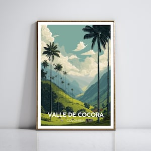 Valle de Cocora Reiseplakat - Minimalistischer Kunstdruck aus Wachspalme - Kolumbien Landschaftsillustration - Gelassenes pastorales Wanddekor