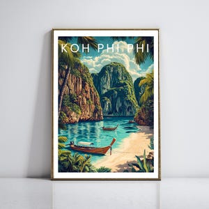 Poster de voyage à Koh Phi Phi - art mural île tropicale - impression plage Thaïlande rétro - décoration de vacances exotique pour la maison ou le bureau