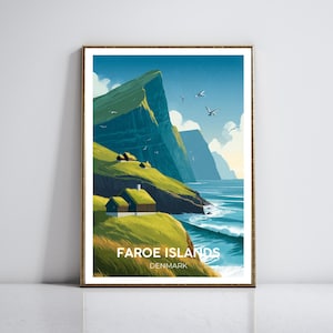 Färöer-Inseln Reiseposter - lebhafter Kunstdruck mit Häusern mit Grasdach, Klippen, Seevögeln und dem Nordatlantik, moderne minimalistische Kunst