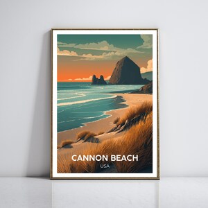 Poster di viaggio di Cannon Beach - L'iconica Haystack Rock al tramonto - Stampa artistica costiera - Design sereno e minimalista - Decorazione murale USA