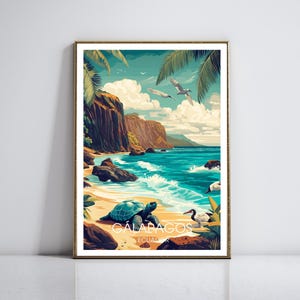 Galápagosinseln Vintage Reiseplakat | Tropische Wandkunst | Druck mit exotischen Tieren | Ozean & Strand Dekor | Natur Illustration