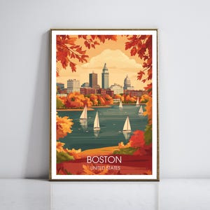 Boston Reiseposter Vintage – Retro Wandkunst von Beacon Hill, Boston Hafen & Charles River – Herbstlaub, Mid-Century Illustration
