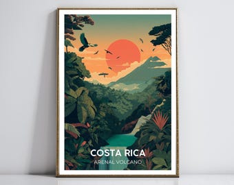 Costa Rica Travel Poster | Arenal Volcano Wall Art | Lush Rainforest Print | Exotic Birds Artwork | Minimalist Tropical Decor | Nature