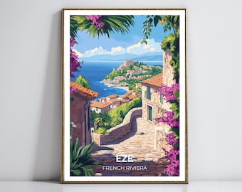 Èze Travel Poster, Vintage France, Retro Wall Art of Hilltop Village, Mediterranean Sea View, French Riviera Home Decor, Soft Pastel Print