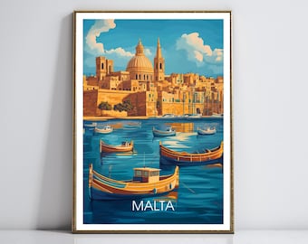 Malta Vintage Travel Poster | Valletta Wall Print | Mediterranean Harbor Decor | Luzzu Boat Illustration | Historic European Travel Poster