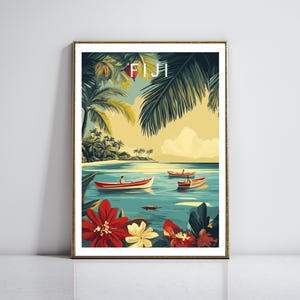 Fidschi Reiseplakat - Tropische Insel Wandkunst - Vintage Strand Dekor - Retro Ozean Landschaftsdruck - Exotisches Paradies Kunstwerk