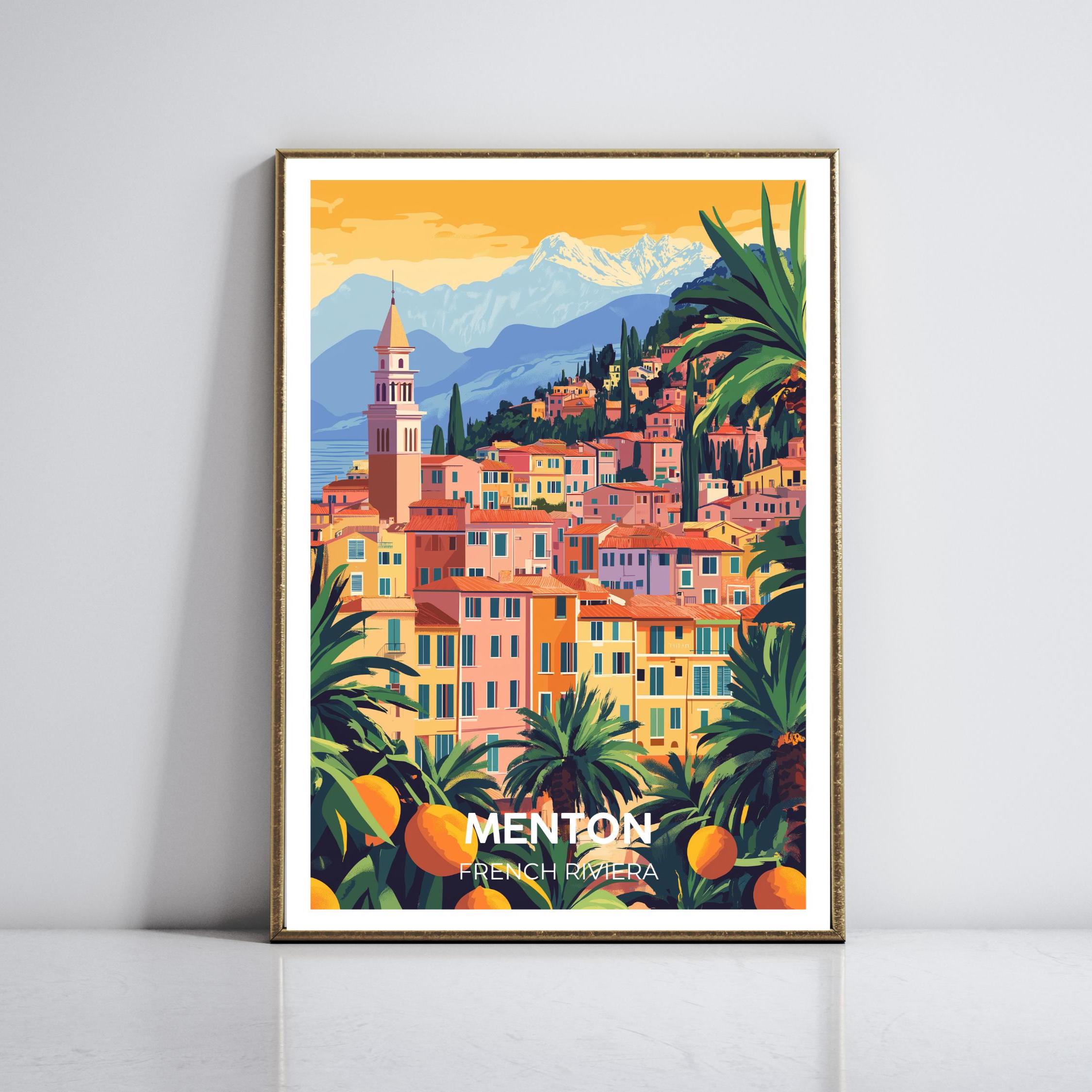 Menton Travel Poster, Vintage France - Pastel Buildings, Citrus Groves, Italian Alps, Retro Mediterranean Wall Art, Nostalgic Home Decor