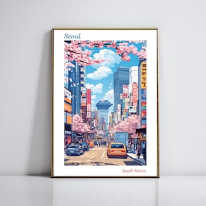 Poster di viaggio di Seoul - Arte murale con fiori di ciliegio primaverili, stampa di paesaggi urbani della Corea, decorazione di cartelli Hangul vintage, opera d'arte di grattacieli moderni