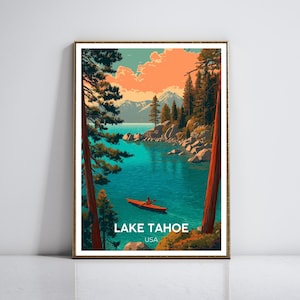 Lake Tahoe Reise Poster - ruhiges blaues Wasser, schneebedeckte Gipfel & Kiefern Bäume Kunstdruck, Kayak Abenteuer Poster, minimalistische Wanddekoration USA