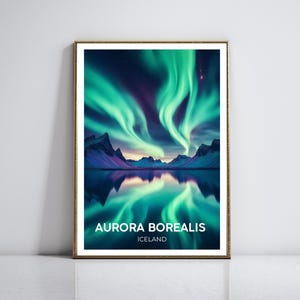 Aurora Borealis Reiseposter - Lebendige Nordlichter über verschneitem Wald und zugefrorenem See - Retro minimalistischer nordischer Kunstdruck