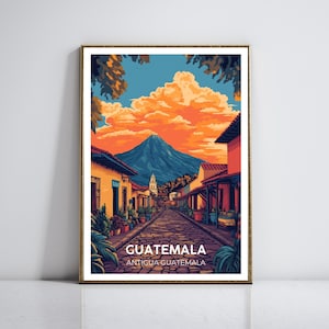 Antigua Guatemala Travel Poster Vintage – Colonial Architecture, Agua Volcano at Sunset, Tropical Market Stalls, Retro Screen Print Art