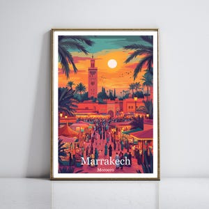 Affiche de voyage de Marrakech | Impression d'art du marché Jemaa el-Fna | Art mural coucher de soleil au Maroc | Décoration vibrante de Marrakech | Cadeau de voyage