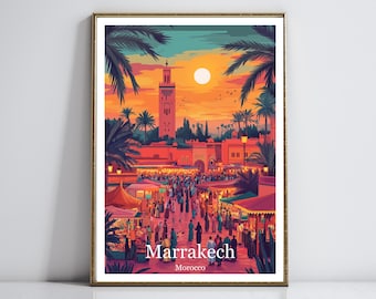 Marrakech Travel Poster | Jemaa el-Fnaa Market Art Print | Morocco Sunset Wall Art | Vibrant Marrakech Decor | Travel Gift