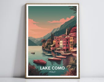 Lake Como Travel Poster, Vibrant Art, Minimalist Italy Wall Art, Colorful Lakeside Villas, Elegant Boats, Italian Decor, Serene Scenic Print