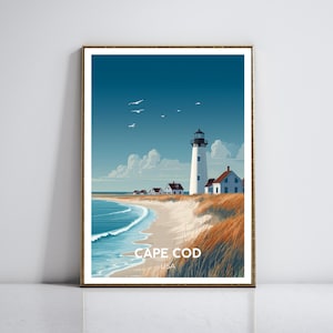 Cape Cod Reiseplakat, lebendig - klassischer Leuchtturm, ruhiger Strand, nautische Kunst, minimalistische Wanddekoration, Küsten-USA-Illustration