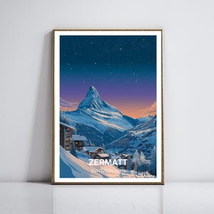 Zermatt Reiseposter - Verschneite Hänge, Matterhorn und Berghütten unter dem Sternenhimmel - Minimalistisches & detailliertes künstlerisches Design