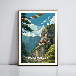 Póster de viaje del valle de Paro, Bután: arte mural del Monasterio del Nido del Tigre, impresión minimalista vibrante de Bután, decoración espiritual y majestuosa.
