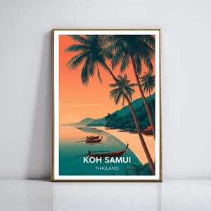 Koh Samui Thailand Reise Poster | Tropischer Strand Wandkunst | Sonnenuntergang Dekor | Minimalistisches Insel Kunstwerk | Palme Ozean Geschenk