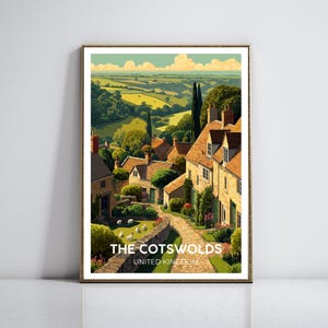 Die Cotswolds Reiseplakat | Minimalistische Kunst mit Malerischem Englischem Dorf | Honigsteinige Cottages, sanfte Hügel, Kopfsteinpflaster