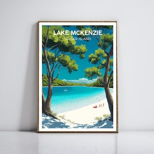 Póster de viaje de la isla Fraser y el lago McKenzie: impresión de arte tropical minimalista, arte de pared playero, regalo para mochileros, decoración costera serena