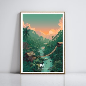 Póster de viaje de Pai, Tailandia: exuberantes valles verdes, bungalows en la selva, sereno puente colgante, arte vectorial minimalista, paisaje al atardecer