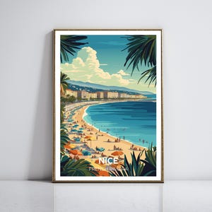 Bonito póster de viaje, Francia vintage animada, Paseo de los Ingleses, estilo art déco mediterráneo, impresión artística de pared retro de la Riviera Francesa.