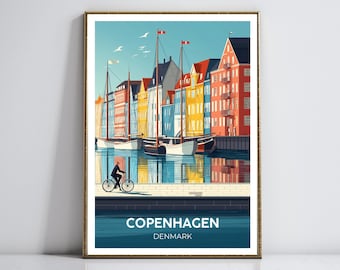 Copenhagen Nyhavn Travel Poster | Minimalist Wall Art Print | Colorful Waterfront Scene with Canal, Sailing Ships, and Danish Flags