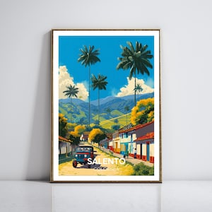 Póster de viaje a Salento, Colombia: coloridas palmas de cera, cafetales y vibrante arte rural. Decoración mural cultural para amantes del café.
