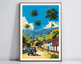 Salento, Colombia Travel Poster - Colorful Wax Palms, Coffee Plantations & Vibrant Village Art - Cultural Wall Decor for Coffee Lovers