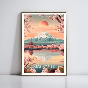 affiche de voyage vintage du mont Fuji | Impression d'art mural Japon | Illustration de fleurs de cerisier et de pagode | Paysage rétro du lever du soleil | Cadeau déco asiatique