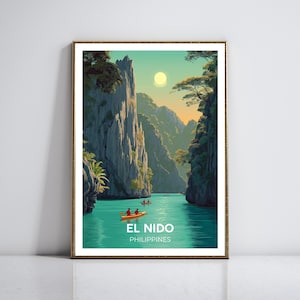 Poster di viaggio El Nido, Filippine - Scogliere calcaree vibranti e lagune color smeraldo con kayakisti e tramonto tropicale - Decorazione murale avventura