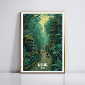 Ubud Affenwald Reiseposter, lebendig - Bali Wandkunst - mystisches tropisches Dschungel Dekor - Heilige Natur Druck - Abenteuer Geschenkidee