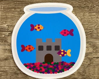 Sticker vissenkom | Leuke kleurrijke gestanste sticker aquarium | Mat vinyl 3 x 3 | Pet Fish Lover-cadeau voor laptop, bidon en planner