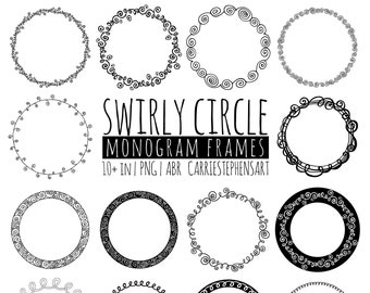 Swirl Circle Borders, Decorative Flourish, Round Monogram Frames, Black Line Doodle,