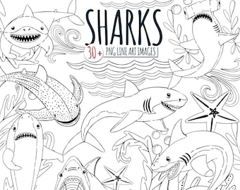 Shark Line Art Images, Black and White Doodle ClipArt, Shark Graphics, Under the Sea Animals, Digital Download, Commercial use