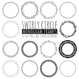 Swirl Circle Borders, Decorative Flourish, Round Monogram Frames, Black Line Doodle,
