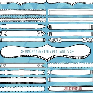 Cadres ClipArt pour étiquette d'en-tête, bordures rectangulaires longues, graphismes au trait dessinés à la main pour scrapbooking numérique créatif, bannières et fabrication de cartes