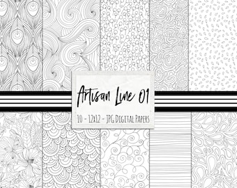 Black and White Pattern Digital Paper, Hand Drawn Line Illustrations, Mermaid Scale Pattern Background, Coloring Scrapbook Paper