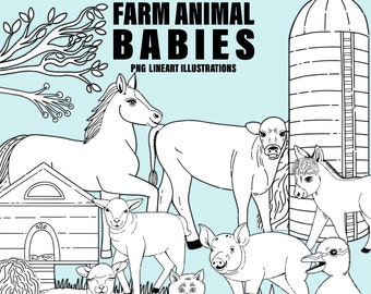 Farm Animal Baby Line Art, Cute Animal Doodles, Farm ClipArt Graphic, Hand-Drawn Doodles, Silo, Piglet, Foal, Kitten, Duckling, Calf, Chick