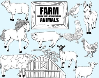 Farm Animal Line Art Images, Cute Animal ClipArt, Hand-Drawn Doodles Featuring a Barn, Rooster, Donkey, Cat, Goat, Horse, Chicken