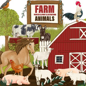 Peut inclure: Une illustration peinte d'animaux de ferme, dont un cheval, une vache, un &acirc;ne, un cochon, un mouton, un coq et des poulets. Les animaux sont devant une grange rouge avec une cl&ocirc;ture en bois blanc. Le panneau au-dessus de la grange indique "FERME ILLUSTRATIONS CLIPART PEINTES ANIMAUX".