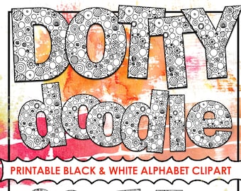 Dotty Doodle PNG Alphabet ClipArt, Printable Bulletin Board Letters, Black & White Coloring Letters, Print and Color, Digital Alpha